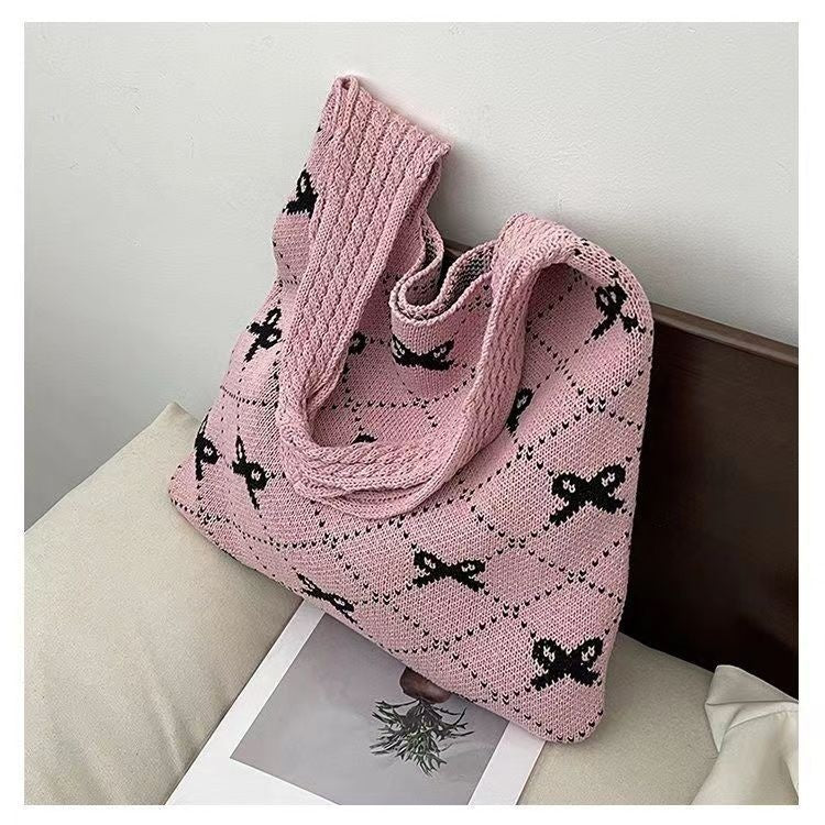 Bow High Sense Light Luxury Minority Shoulder Bag Casual Knitted Woven Bag