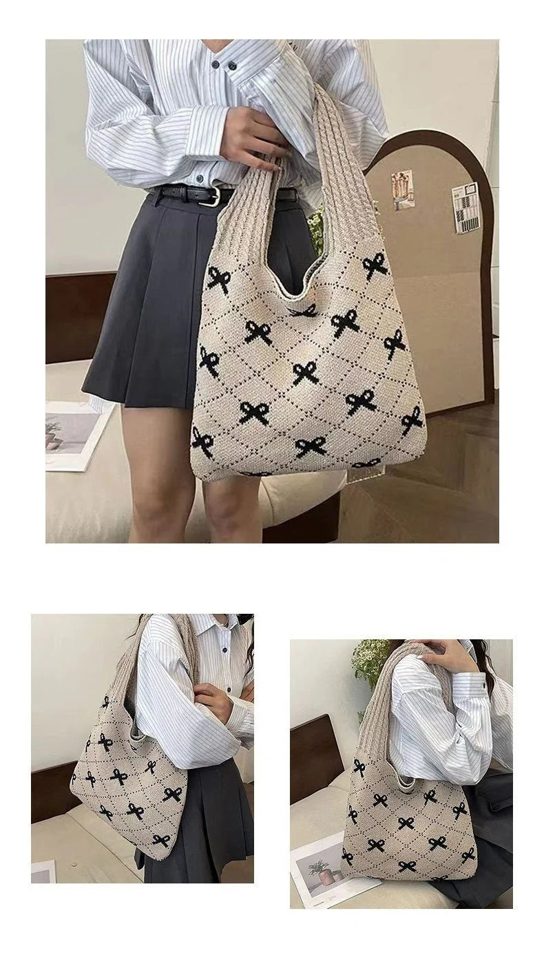 Bow High Sense Light Luxury Minority Shoulder Bag Casual Knitted Woven Bag