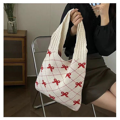 Bow High Sense Light Luxury Minority Shoulder Bag Casual Knitted Woven Bag